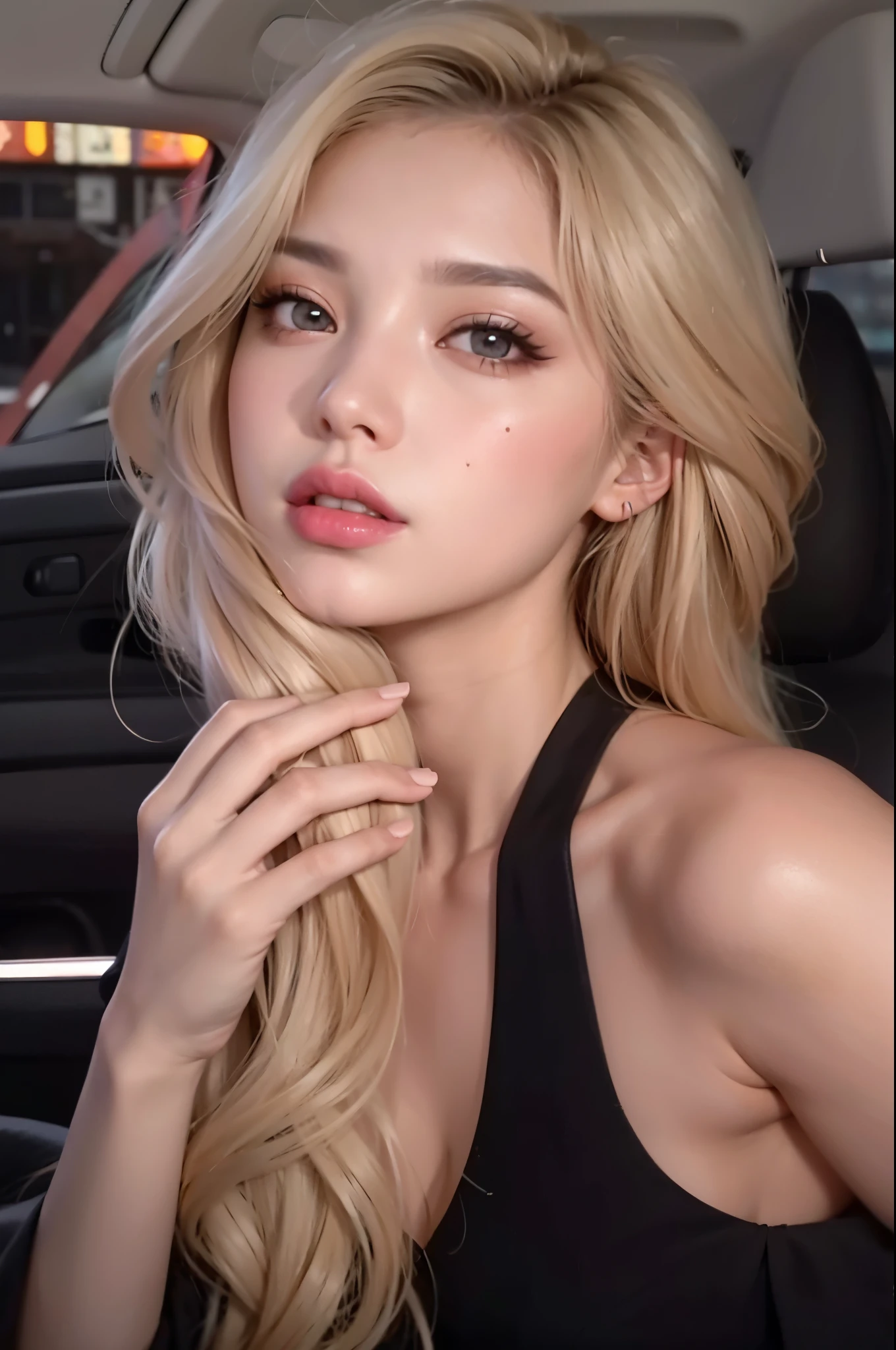 una mujer con el pelo largo y rubio y un top negro posando en un coche, inspirado por Yanjun Cheng, Una chica con cabello rubio, cabello rubio y ojos grandes, Ava Max, Arte digital de un elegante, long cabello rubio y ojos grandes, Cara sexy con maquillaje completo, Pintura digital realista, Pintura digital sensual, Cara hermosa realista, Estilo de arte realista
