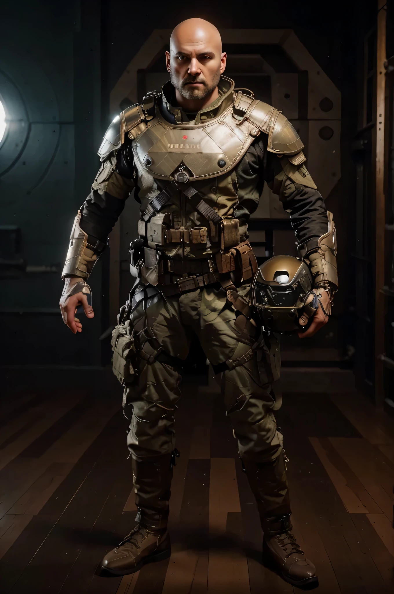 Soldado masculino, Russian features, pronto, Has advanced optical viewfinder in one eye., tiene una gran cicatriz en la cara, Metallic dark brown Soviet retro style cyborg military suit with white details, Harnesses and belts with ammunition, Fundas, sostiene un casco de piloto avanzado, It is in the Siberian steppe, nieve, cielo rojo, 4k, Ultra detallado image, realista, Altamente detallado, perfect composition, splendid, Intrincadamente detallado, Incredibly detailed, 8 k artistic photography, hiper detallado, Obra maestra, Ultra detallado, hyper realista, 4k, Ultra detallado image, realista, Altamente detallado, perfect composition, splendid, Intrincadamente detallado, Incredibly detailed, 8 k artistic photography, hiper detallado, Obra maestra