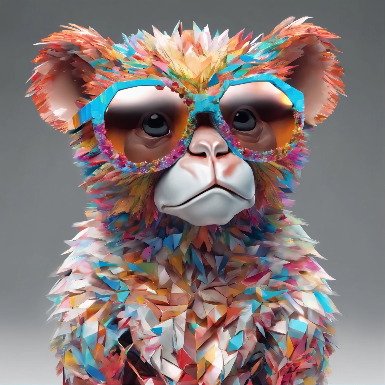 (Best Quality,8K,hight resolution,masutepiece:1.2),Ultra-detailed,(Realistic,photoRealistic,photo-Realistic:1.37), Cute little monkey in jacket, Crystal Vase, roses, Wearing sunglasses, Joyful, Standing Pose, Abstract aesthetics, centered composition, looks directly at camera, Facing the camera from the front, Almost perfect alignment, Dynamic, Highly detailed, Frankness, Sharp Focus, 8K解像, hight resolutionであり, Illustration, art by carne griffiths and wadim kashin, White background, Colorful Sunglasses