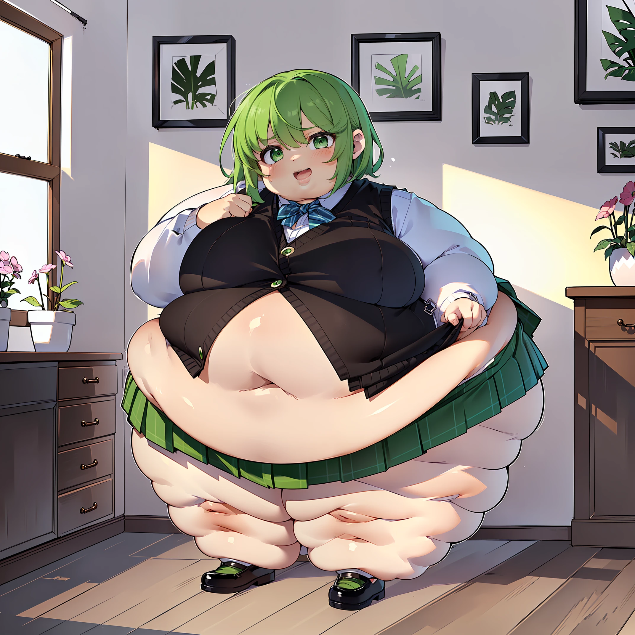 ((())), (((white shirt, sweater vest, black vest, short skirt))), ((green hair)), (((beautiful green eyes))), ((chubby)), (((obese))), ((fat face)), (((big belly))), (((open mouth))), fat wide thighs, belly, (((tender pose ))), (((in a room))), detailed background, ((full body image)), (((both hands on breasts))), (((perfect fat belly))),