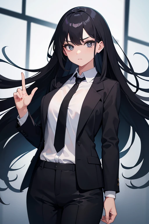 1girl, long black hair, white eyes, wearing business suit, high res, ultrasharp, 8K, masterpiece, looking at viewer, absurdres