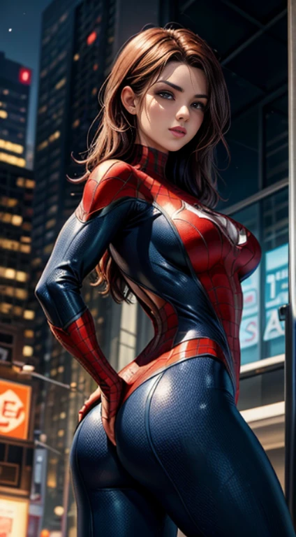 leve sorriso, a superhero dressed as Spider-Man, no mask on. a woman in a swimsuit-like Spider-Man costume, Showing ass to camera, Cabelo comprido vermelhos, seios enormes, Athletic body, Vibrant and dynamic style, with solid colors and defined contours. highlighting the heroine. No distortions or imperfections. Centralized composition, foco na personagem. 8K分辨率, dimensions of 2040x2040 pixels. 
Keep female representation strong and respectful, emphasizing her role as a superhero. Ensure a balanced and coherent aesthetic with the Spider-Man universe.