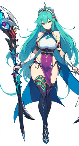 (((Best Quality))) , ((full body)), female, reference sheet, solo, (white background), holding staff gauntlets, thigh high, femloin, loin cloth, blue, red, green, violet, pink, white, highleg,