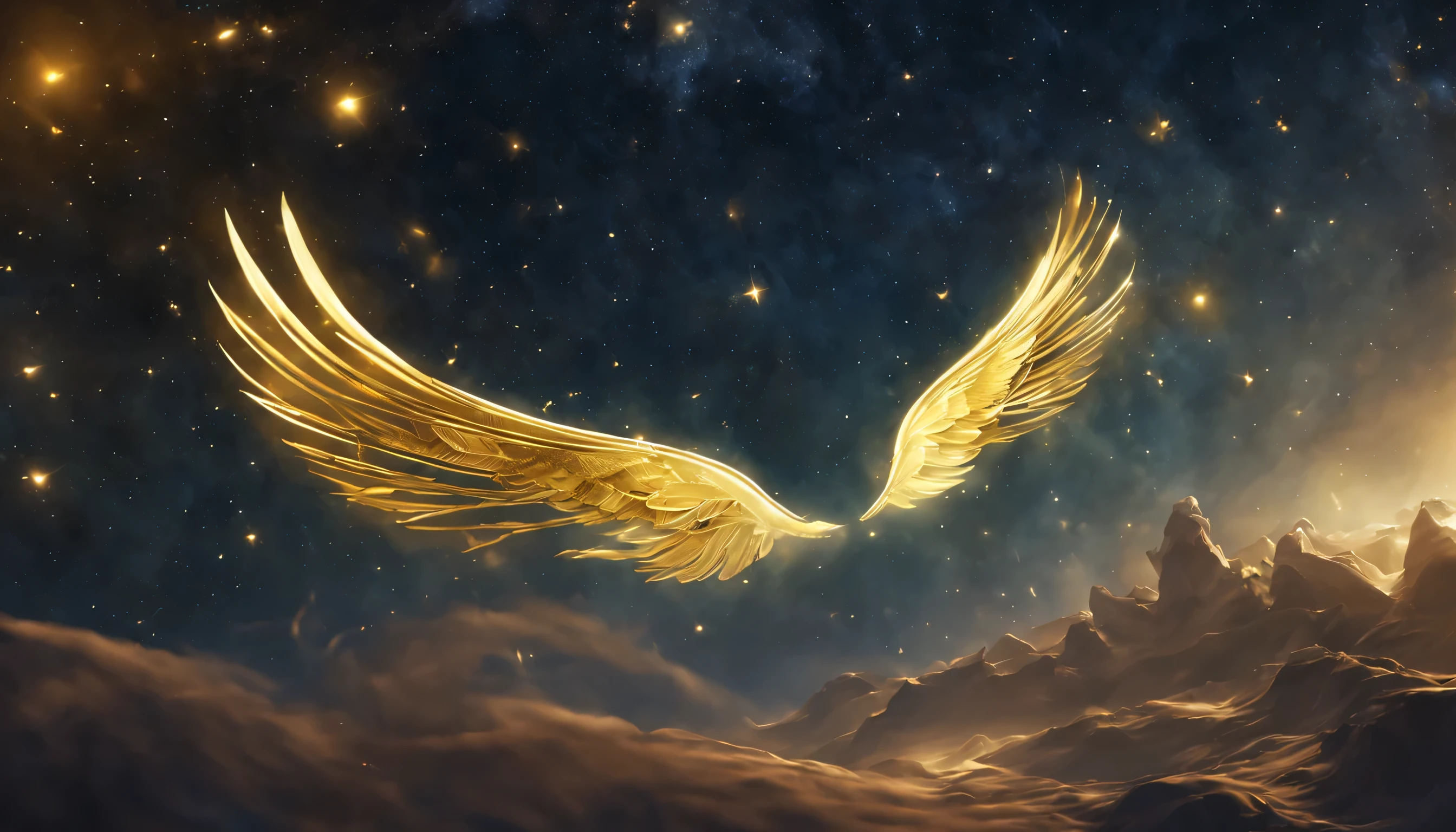 twinkling stars in the galaxy, A pair of golden wings soar and fly。, ultra-realistic realism, hyper HD, Best quality at best, high detal