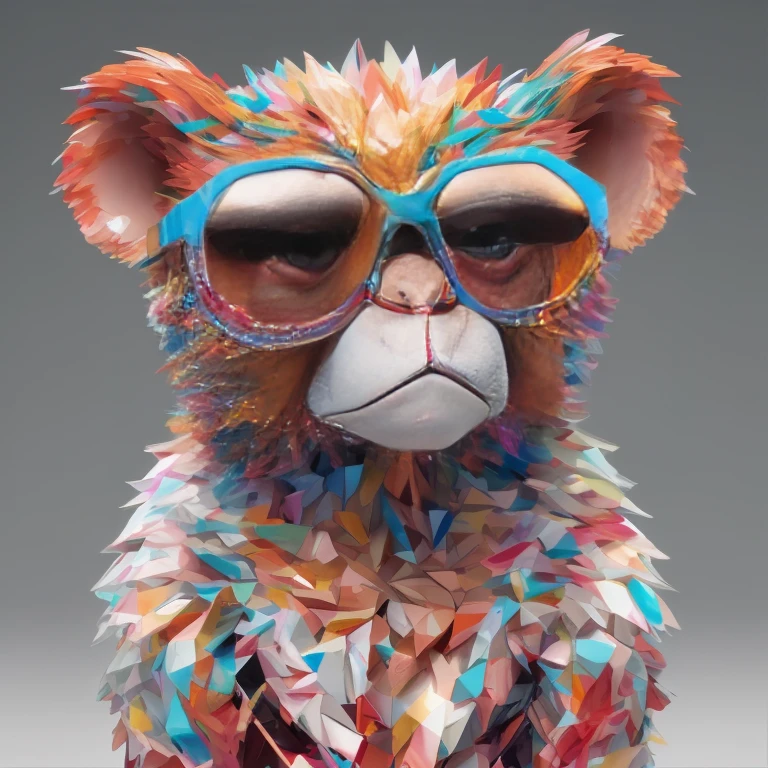 (Best Quality,8K,hight resolution,masutepiece:1.2),Ultra-detailed,(Realistic,photoRealistic,photo-Realistic:1.37), Cute little monkey in jacket, Crystal Vase, roses, Wearing sunglasses, Joyful, Standing Pose, Abstract aesthetics, centered composition, looks directly at camera, Facing the camera from the front, Almost perfect alignment, Dynamic, Highly detailed, Frankness, Sharp Focus, 8K解像, hight resolutionであり, Illustration, art by carne griffiths and wadim kashin, White background, Colorful Sunglasses