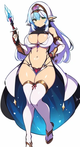 (((Best Quality))) , ((full body)), female, reference sheet, solo, (white background), holding staff or sword, gauntlets, thigh high, femloin, cloak, long hair, blue, red, green, violet, pink, white,