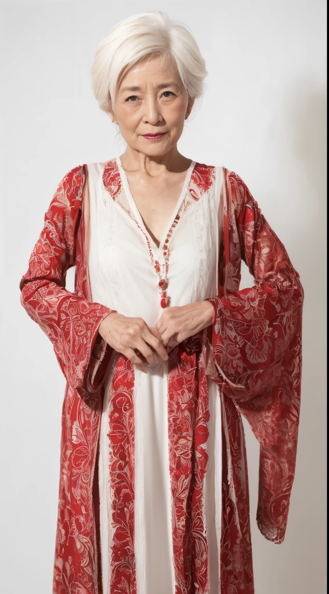 (((Solo))), Obscene look, Elderly mature woman pure white background, gravure, facing front, ((Center the screen)), Wear a slip, describe the lips correctly,red-lips, Fancy makeup, from the chest up, masuter piece, Best Quality, Ultra-detailed, Photorealistic, Ultra-detailed細なスキン, Perfect Anatomy, (1 japanese mature woman), (positive), 95 years old, Tremendous big, fashion modell, glamor, A sexy, Chromo-white skin, Looking at Viewer,