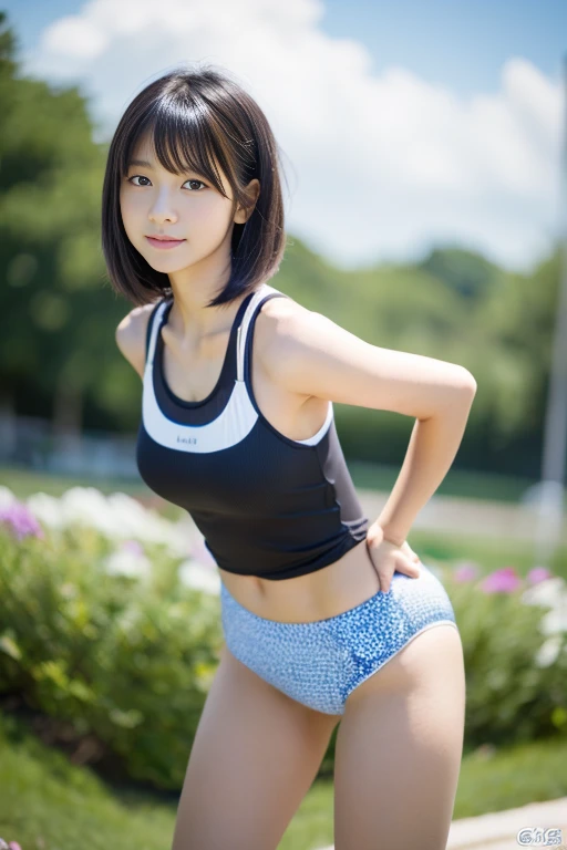 girl standing in park,navy blue school swimsuit with string-type straps with white trim,18-year-old,bangs,a little smile,thighs,crotch,knees,short cut hair,poneytail,from below