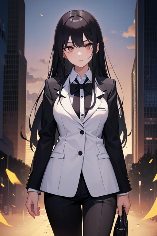 1girl, long black hair, white eyes, wearing business suit, high res, ultrasharp, 8K, masterpiece, looking at viewer, absurdres, 4 fingers, black tie