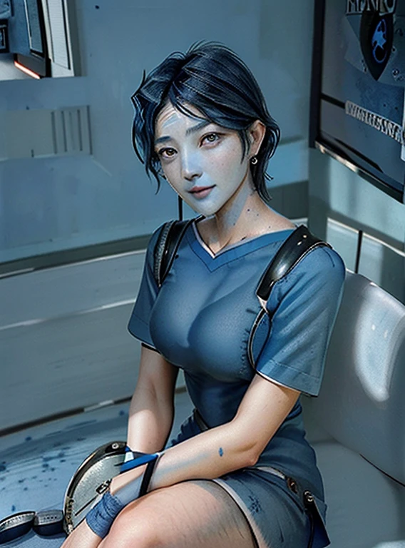 top quality, masterpiece, (extremely detailed, raw photography:1.1), (photorealistic, best aesthetic:1.3), professional photo, (depth of field:1.2), natural lighting, (correct anatomy:1.4), pov, (intricately detailed face, naturally detailed skin texture:1.5), HDR, 1 lady, Japanese woman, attractive lady, solo, ((from front view:1.5)), (looking at viewer, cowboy shot:1.5), 45 years old, (medical staff:1.4), (nurse:1.3), (black hair, short hair:1.3), curled hair, (detailed skin:1.4), beautiful eyes, (dark eyes:1.5), ((narrow eyes:1.5)), beautiful nose and lips, ((seductive smile:1.1)), (((blue scrub, short sleeves:1.5))), ((slender, medium breast:1.5)), (((sitting on a sofa, crossed legs:1.1))), (((indoor, hospital, conference room:1.3)))
