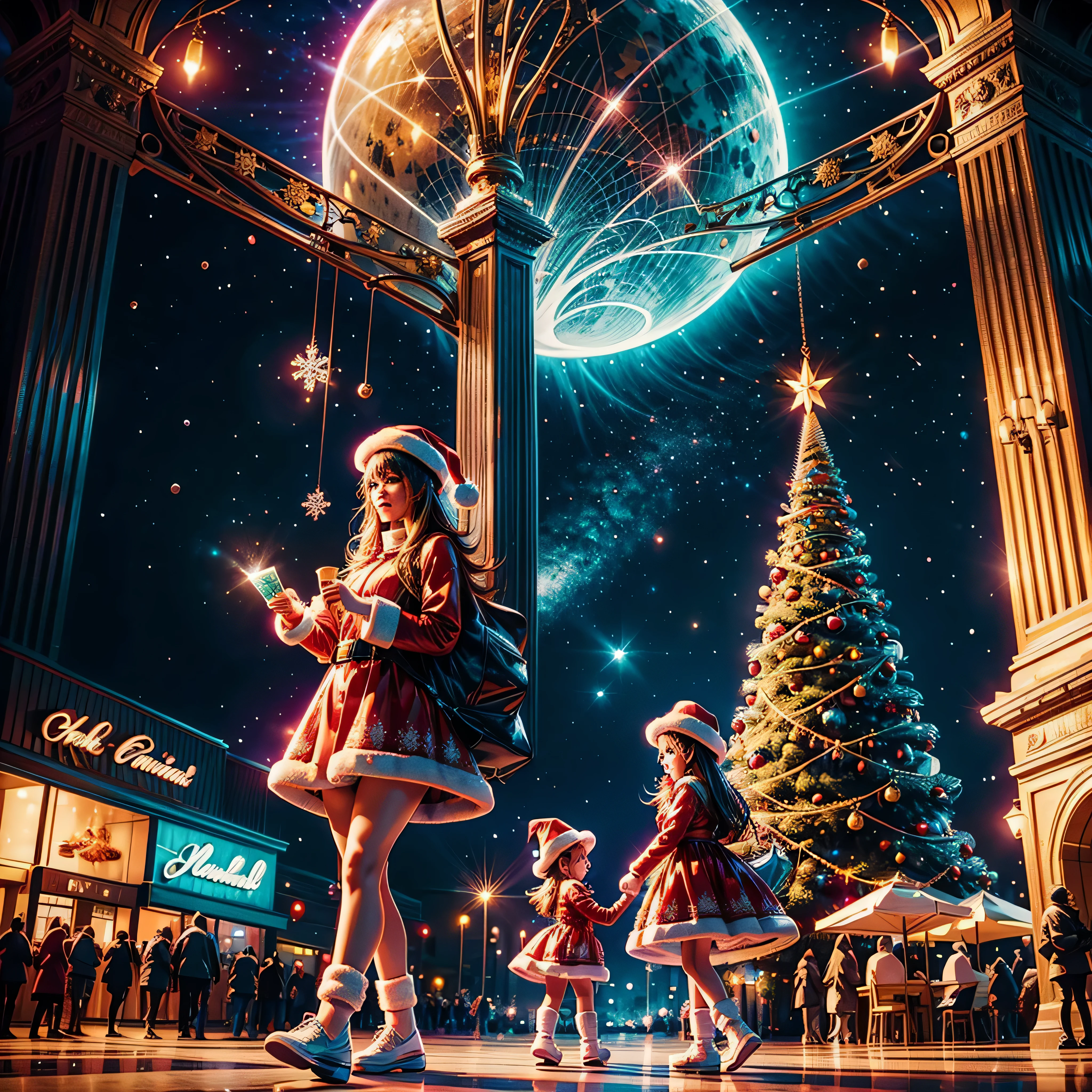 (((Vector illustration style)))，Vibrant colors, magical ambiance, Whimsical, Sparkling, Fantasy Christmas World,vibrant with colors, vivd colour, Magical atmosphere, Whimsical, Sparkling，Fantasy Christmas World，Inside the Christmas mall，The huge Christmas tree hung with lights、pompon、Christmas socks，Christmas pendants，Piles of gifts placed under the tree。A young couple and a  admire the Christmas decorations in the mall，Surrounded by performers in Santa Claus costumes and Santa Claus statues。The Christmas mall like a fairy tale world，full of magic， (Ghibli-like colours, pov, first-person view, accurate, anatomically correct, super detail, high details, high quality, award winning, best quality) 🎈🍦🍹❤🔆🕡(😘👩🎀👗⚜👒🥿👡🩲💅)🎪🎢🎡🎠 ultra_high-def ultra_Photo-realistic optimal ultra_high-quality opengl-shaders ultra_high-details accurate reflex ultra_high-res perfection volumetric lightning improved Octane_rendues UHD XT3 DSLR HDR 3dcg shadow analogiques extatiques symmetrical beholder sundrop Cinematic_sunlight UnrealEngine5 Ultra Masterpiece deep path Equirectangular_360 varied multi etc. --s 1000 --c 20 --q 20