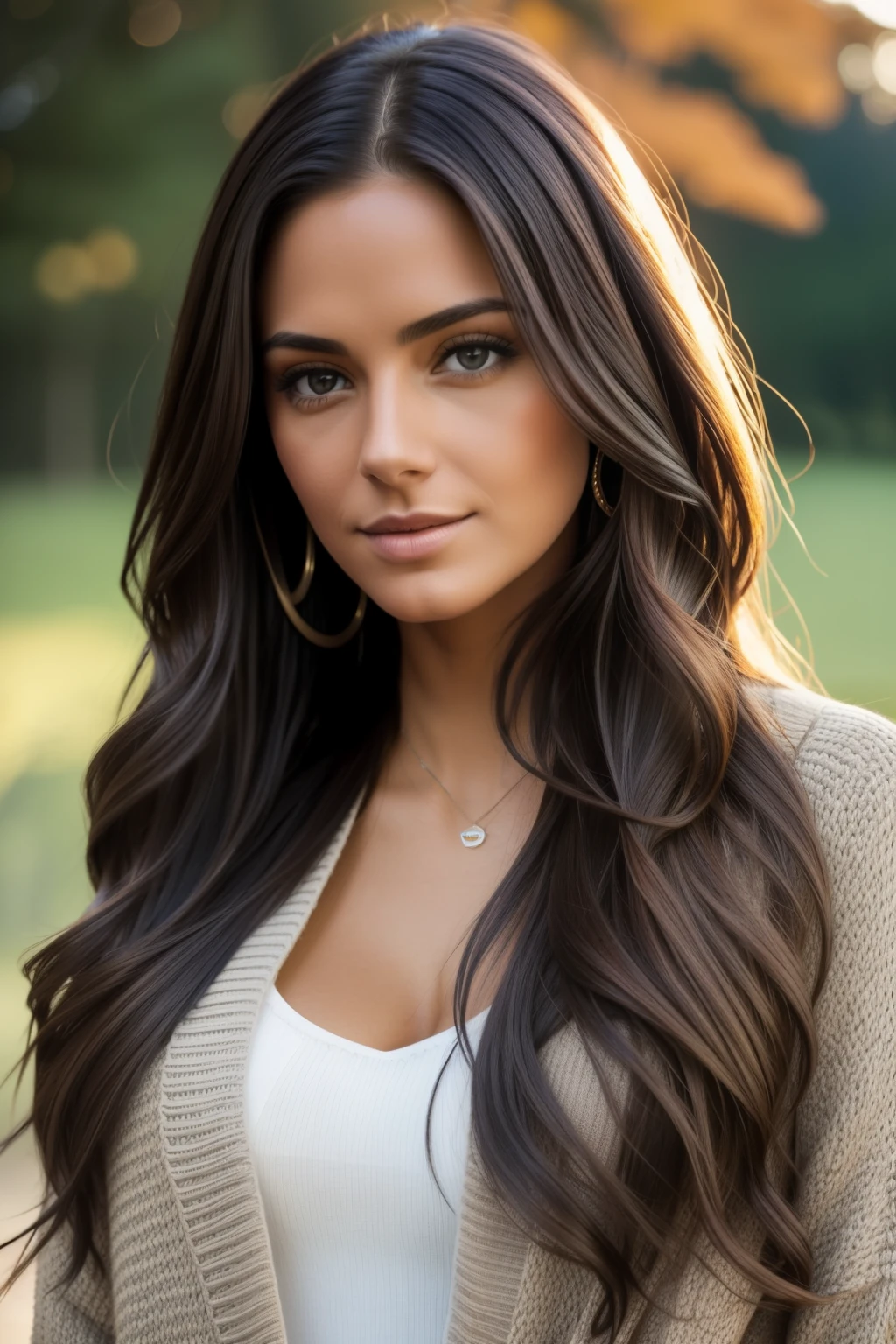 Photograph of a beautiful girl, wear an autumn sweater, long hair on one side, buste lourd 36DD, Look into the camera, eyes symmetrical, symmetrical face, photoreallistic, photographie, devant la haute montagne, specular lighting, Volumetric facial light, Hair path, Ombres visibles, complexe, elaborate