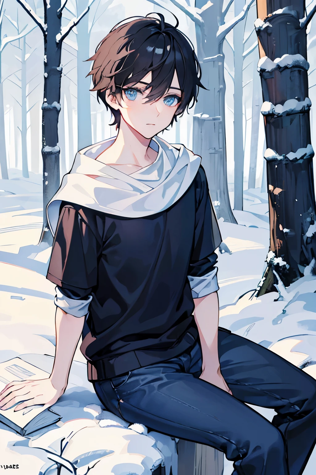 male people A dark-haired blue eyess trainers jumper JINS trouser sockes espadrilles In the snowy forest masterpiece Top image quality denoise Clear cinematic shadow Increased attractiveness of the eyes Clear the shine of the eyes Draw eyelashes neatly Perfect Eye A detailed eye Sharpen image quality Sharpen eye writing Clear eye shape