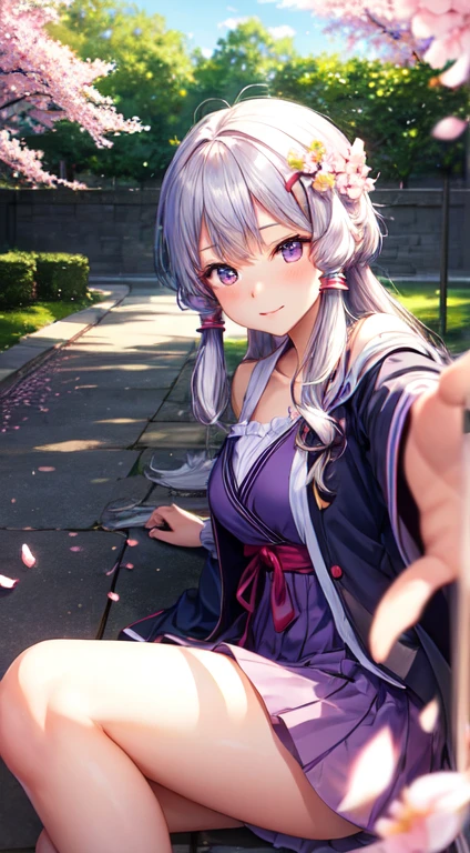 foreshortening, depth of fields, masutepiece, Best Quality, Yuzuki Yukari, Long hair, A nice day with a breeze, Solo, Looking at Viewer, Dappled sunlight,Cherry blossom petals