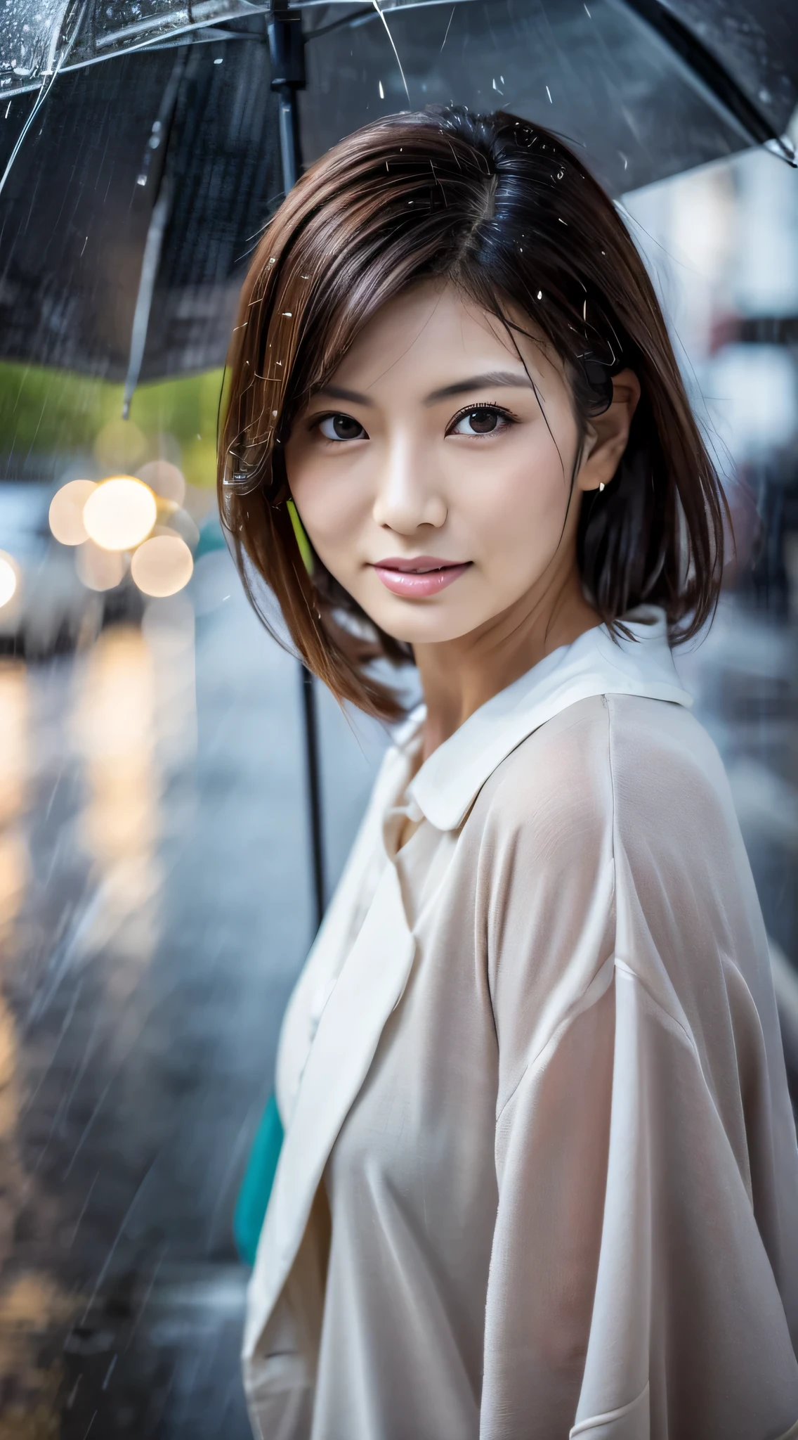 Highest resolution, 4K, Masterpiece: 1.3), A Japanese milf, photo of one lady, Sexy: 1.1, fine eyes, Slender figure, Realistic teeth, sad look, double eyelids, full body, best quality, detailed, beauty, a married woman, at the city, wet skin, rain