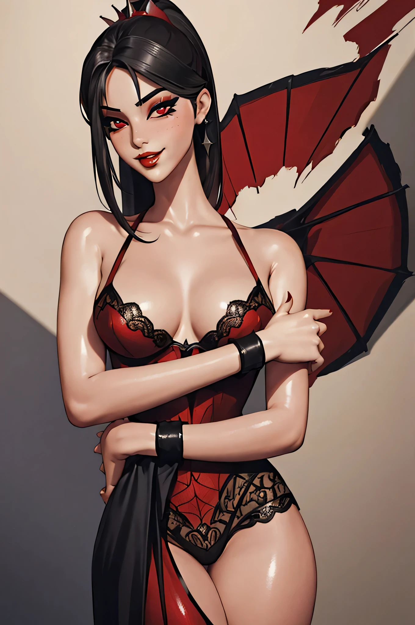1girl,a beautiful fashion model ,(masterpiece, detailed background, best quality),shortand shiny hair, black hair,smirk, juicy lips, red lips, lingerie, stripping, elegant makeup, exhibitionism, torn spiderman outfit, extravagant makeup