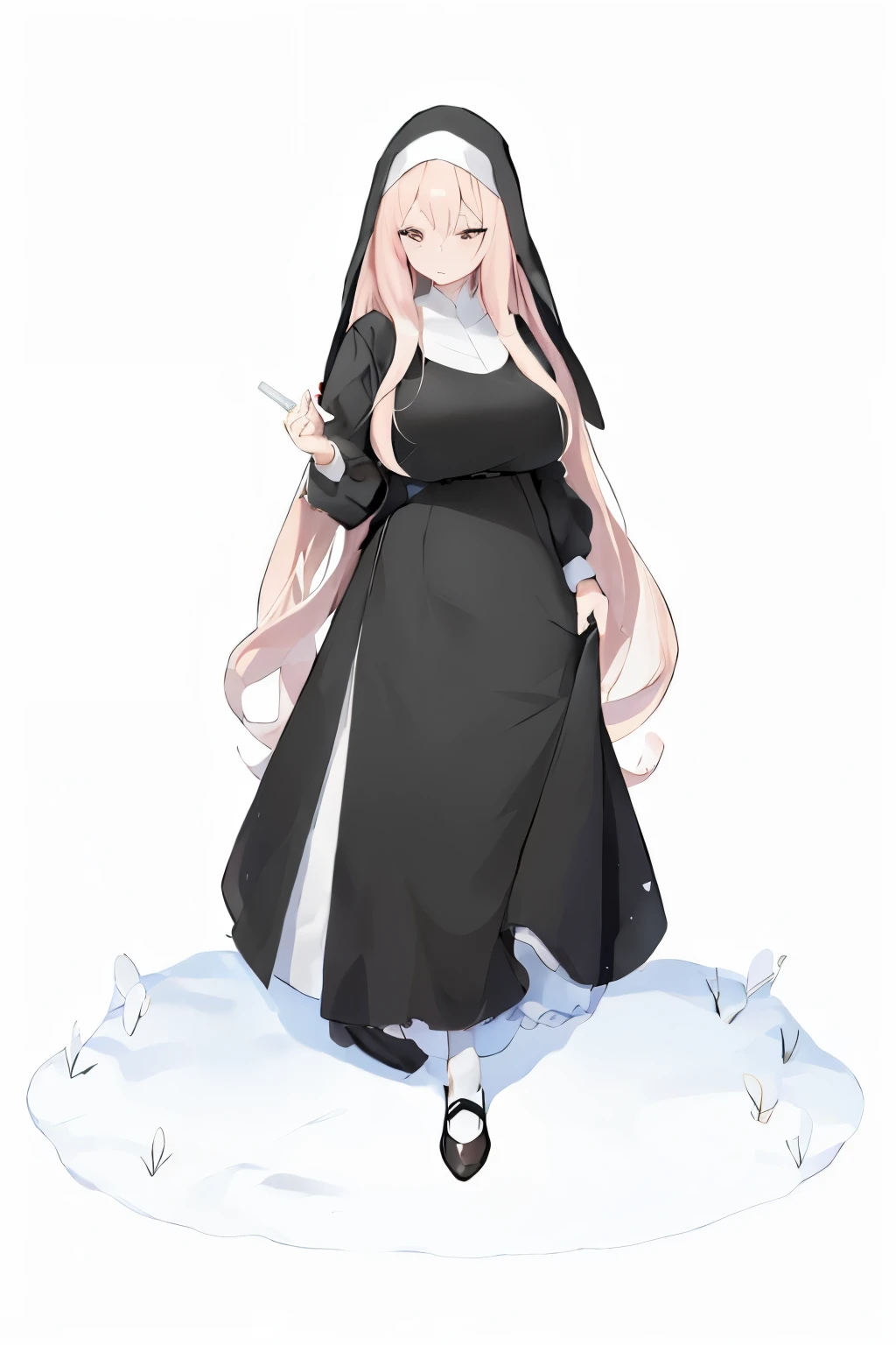 anime character dressed in black and white with a Ahora holding a cell phone, Ahora outfit, Ahora, Ahora fashion model, Chica anime con un vestido negro, Arte oficial del personaje, anime full body illustration, dressed like a cleric, De Girls Frontline, single character full body, Retrato de cuerpo entero, Loli en vestido, full body illustration, Lindo anime waifu en un bonito vestido