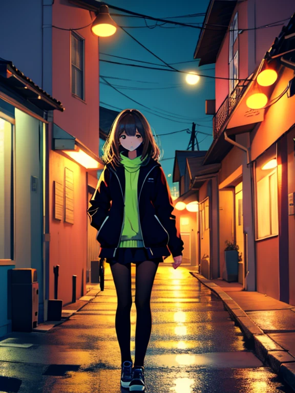 Girl in a modern town at night