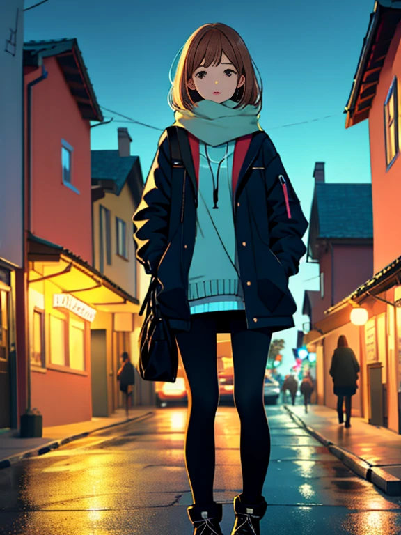 Girl in a modern town at night