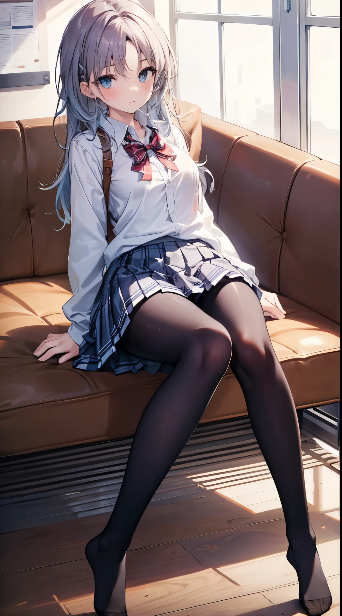 Finest, masterpiece, high definition, (full body), frontal, symmetrical, mature high school girl, solo, (full body from head to toe), small breasts, long hair, slightly messy hair, (black tights), ( (black pantyhose), black pantyhose, (composition where she is made to sit and lift her legs and make her legs open), (bound arms, arms behind back), composition showing white panties, slender beautiful legs, a very beautiful -yeld gi(not wearing shoes) legs), blushing, shy big eyes, messy hair, looking at camera, showing white panties, white frilly lingerie, high school uniform blazer, high school uniform White blouse, high school uniform with blue ribbon, high school uniform with short plaid pattern and navy pleated skirt