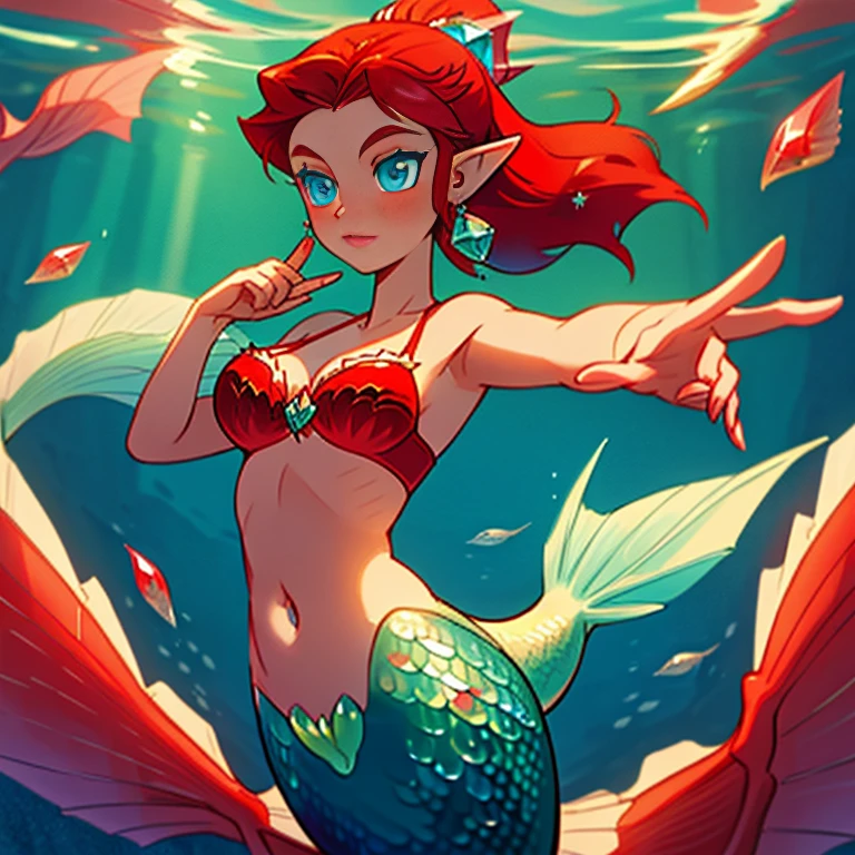 A mermaid with a red tail and a red bra. She has teal hair with crystals in it. She has pointed ears and blue eyes