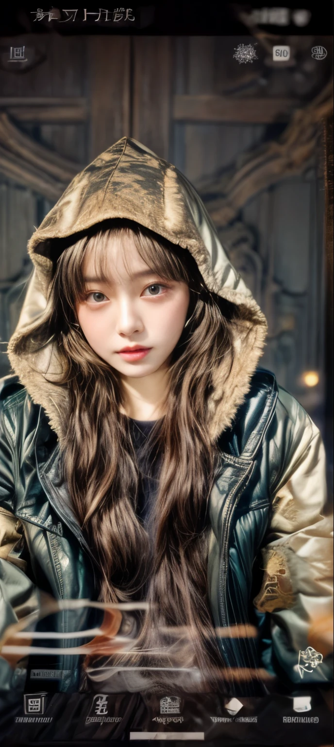 masterpiece、8K、32K、top-quality、(A detailed eye)、(A cute Japanese woman、bangss)、23years old、elegent、Christmas、Wearing a hood、Down jacket、Cheerful、