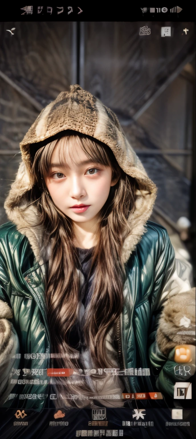 masterpiece、8K、32K、top-quality、(A detailed eye)、(A cute Japanese woman、bangss)、23years old、elegent、Christmas、Wearing a hood、Down jacket、Cheerful、