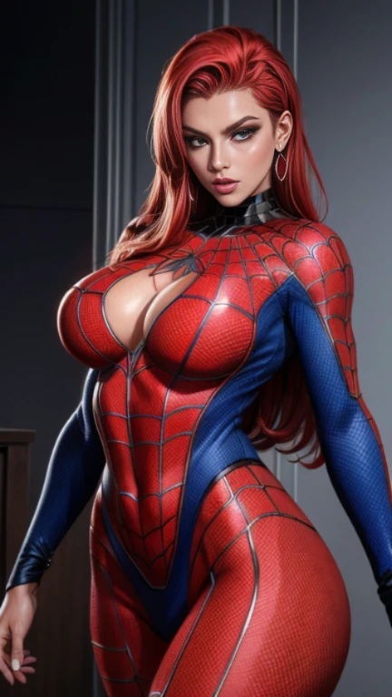 Linda mulher ruiva detalhou o corpo definido, usando o traje do homem aranha, Seios enormes, pose sensual