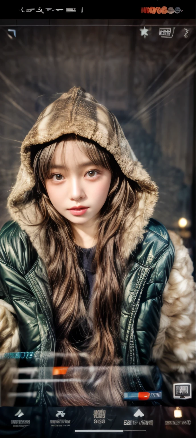 masterpiece、8K、32K、top-quality、(A detailed eye)、(A cute Japanese woman、bangss)、23years old、elegent、Christmas、Wearing a hood、Down jacket、Cheerful、