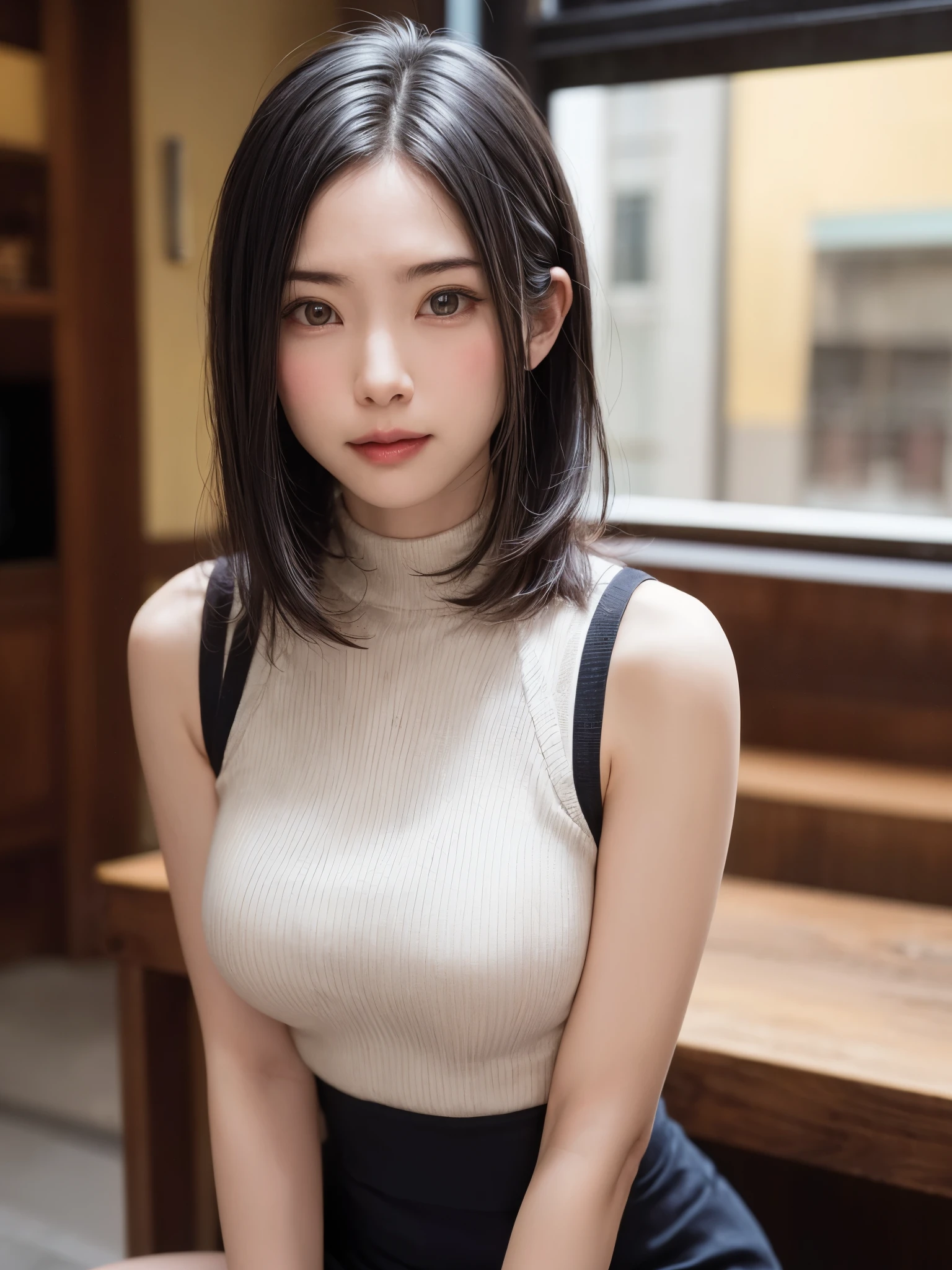 (masutepiece, top-quality、high-detail:1.4、Very attractive beauty、Add intense highlights to the eyes、Look firmly at the camera:1.4、A beautiful woman full of charm、Ideal ratio body proportions、Perfect Anatomy、Brunette Short Bob Hair、Lustrous hair、bangss:1.9、光沢のあるbangss:1.9、lipgloss),1girl in, report, Light brown shiny hair, muffler,realisitic, looking at the viewers、Tilt your head slightly, Bright colored crystal light blue eyes, short shiny hair、 White turtleneck outfit with a hole in the center of the chest,Sexy white turtleneck knit sweater with a round hole in the middle of the chest、 s lips, lipgloss, The upper part of the body、big eye、Lashes、A little red in the face、Embarrassing)、((italian road in winter))、((short hair with big eyes、Put very strong highlights in your students、{Gigantic|Big|Huge|Mega} breasts:1.4、very Bigger breasts、gazing at viewer、Very beautiful beauty、Put your ears out、long neck、little smiling、Beautiful teeth、Open your mouth and smile、Heart-shaped pupil))、28 year old、Very cute supermodel、