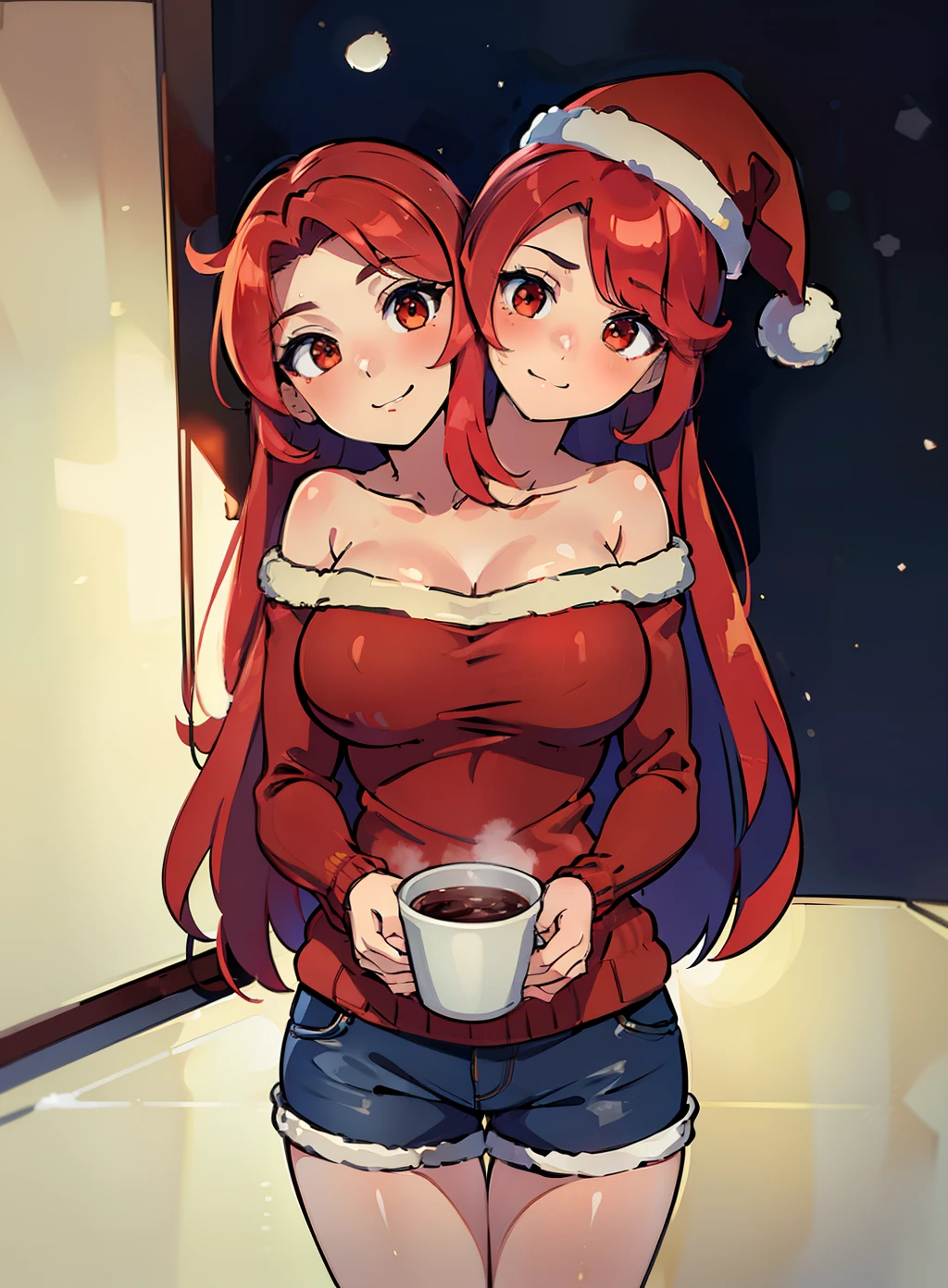 best quality, (masterpiece),(ultra-detailed), (high quality), (high resolution), (2heads:1.5) 1girl, red hair, medium breasts, Christmas sweater, snowy winter background, holding hot chocolate on one hand,wearing Santa hats