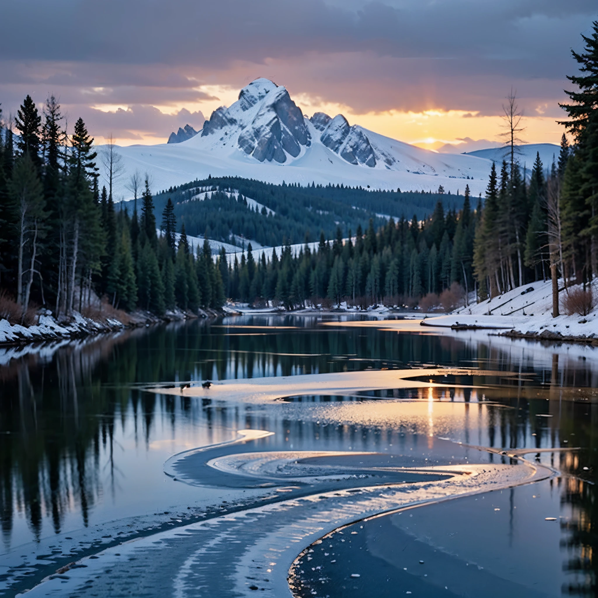 A majestic mountain range covered with snow and , reflecting the golden rays of the setting sun. The sky is a gradient of orange, pink, and purple, and a few clouds add contrast and depth. The foreground is a valley with a frozen lake and some pine trees. The scene is peaceful and serene, inviting the viewer to admire the beauty of nature.
photorealistic, 8k, UHD, realistic, photography quality