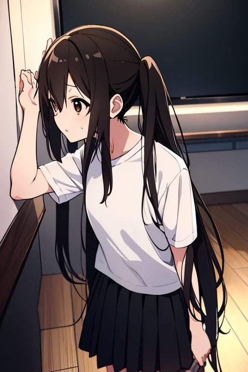 Azusa Nakano, nakano azusa, (Black hair:1.5), (Brown eyes:1.7), Long hair, twin tail chest:1.2), Black T-shirt,pleatedskirt, BREAK (masutepiece:1.2), Best Quality, High resolution, Unity 8k壁纸, (Illustration:0.8), (Beautiful detailed eyes:1.6), extra detailed face, Perfect Lighting, extremely details CG, (Perfect hands, Perfect Anatomy),Rock Band Concert, Musical instrument performance, Stage Performance, hot air,Happy atmosphere、guitar(mustang)is playing,Sweat on the forehead,汗で濡れたBlack T-shirt