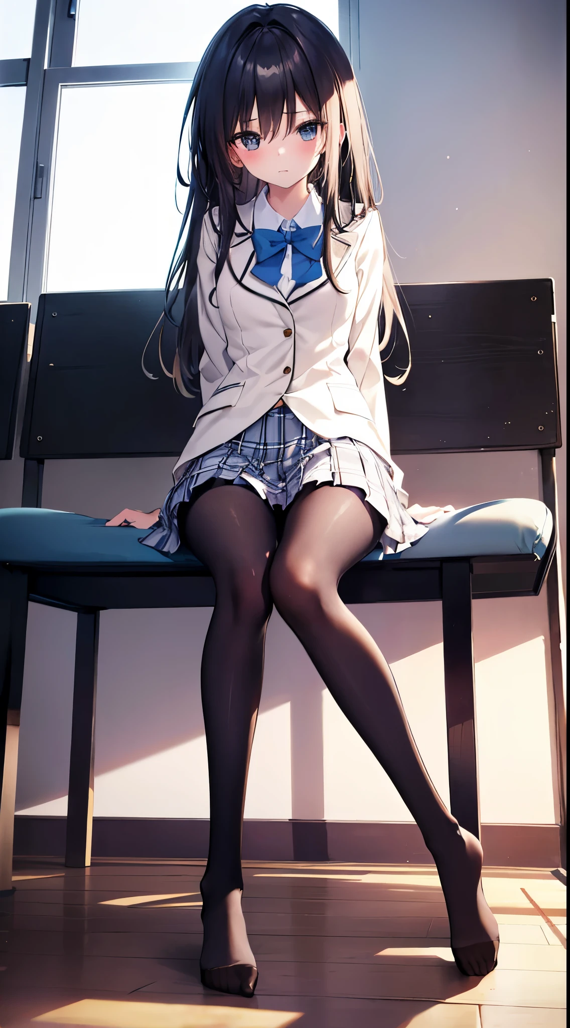 Finest, masterpiece, high definition, (full body), frontal, symmetrical, mature high school girl, solo, (full body from head to toe), small breasts, long hair, slightly messy hair, (black tights), ( (black pantyhose), black pantyhose, (composition where she is made to sit and lift her legs and make her legs open), (bound arms, arms behind back), composition showing white panties, slender beautiful legs, a very beautiful -yeld gi(not wearing shoes) legs), blushing, shy big eyes, messy hair, looking at camera, showing white panties, white frilly lingerie, high school uniform blazer, high school uniform White blouse, high school uniform with blue ribbon, high school uniform with short plaid pattern and navy pleated skirt