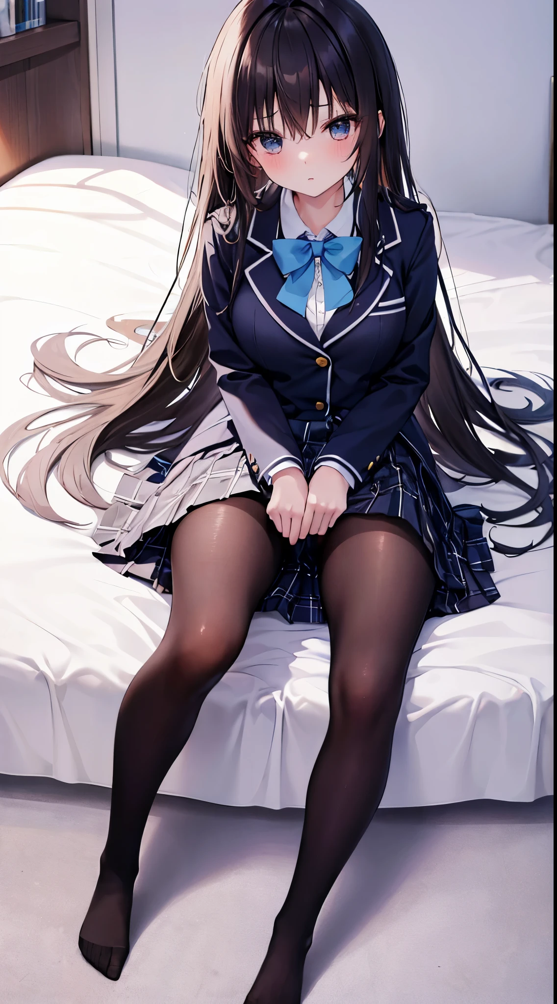 Finest, masterpiece, high definition, (full body), frontal, symmetrical, mature high school girl, solo, (full body from head to toe), small breasts, long hair, slightly messy hair, (black tights), ( (black pantyhose), black pantyhose, (composition where she is made to sit and lift her legs and make her legs open), (bound arms, arms behind back), composition showing white panties, slender beautiful legs, a very beautiful **************** (not wearing shoes) legs), blushing, shy big eyes, messy hair, looking at camera, showing white panties, white frilly lingerie, high school uniform blazer, high school uniform White blouse, high school uniform with blue ribbon, high school uniform with short plaid pattern and navy pleated skirt