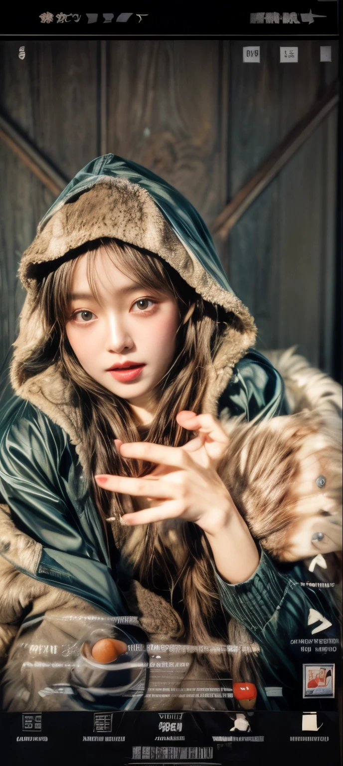 masterpiece、8K、32K、top-quality、(A detailed eye)、(A cute Japanese woman、bangss)、23years old、elegent、Christmas、Wearing a hood、Down jacket、Cheerful、