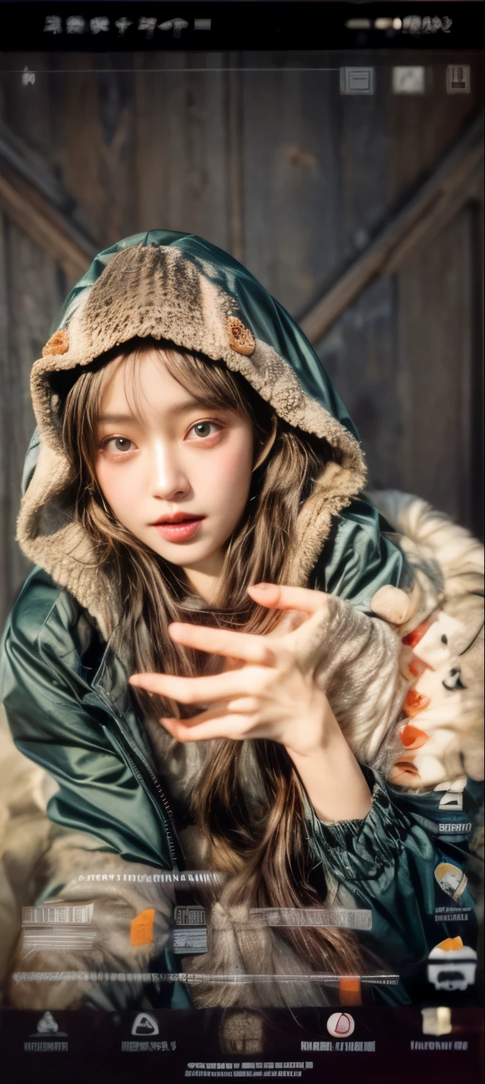 masterpiece、8K、32K、top-quality、(A detailed eye)、(A cute Japanese woman、bangss)、23years old、elegent、Christmas、Wearing a hood、Down jacket、Cheerful、