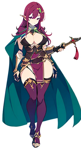 (((Best Quality))) , ((full body)), female, reference sheet, solo, (white background), holding staff or sword, gauntlets, thigh high, femloin, cloak, long hair, blue, red, green, violet, pink, white, armored dress,