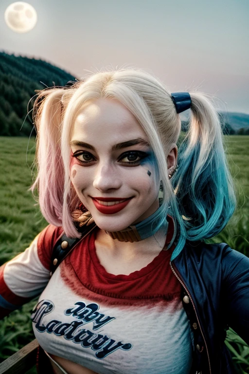 1girl, harleyquinn, twintails, multicolored hair, ((upper body selfie, happy)), masterpiece, best quality, ultra-detailed, solo, outdoors, (night), mountains, nature, (stars, moon) cheerful, happy, mountain boots, gloves, flashlight, forest, rocks, river, wood, smoke, shadows, contrast, clear sky, analog style, (look at viewer:1.2), (skin texture), (film grain:1.3), (warm hue, warm tone :1.2), close up, cinematic light, sidelighting, ultra high res, best shadow, RAW, upper body, wearing pullover