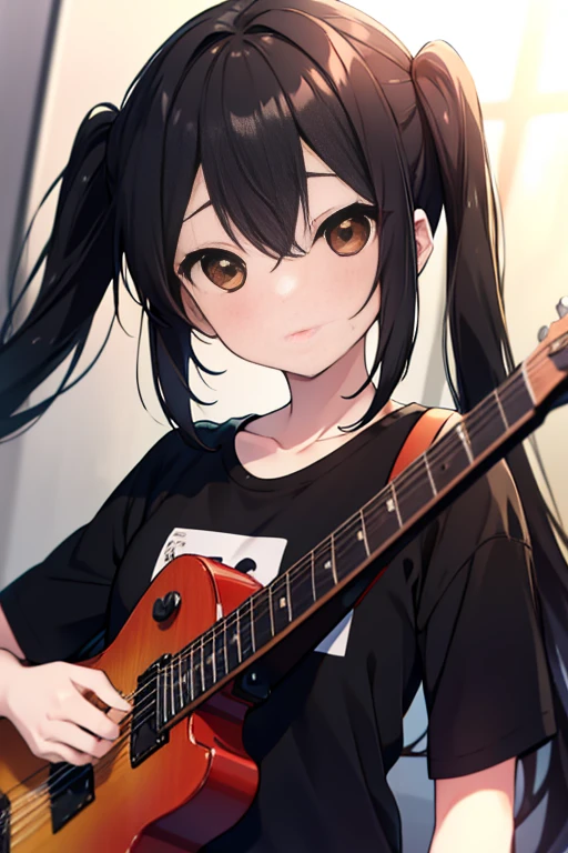 Azusa Nakano, nakano azusa, (Black hair:1.5), (Brown eyes:1.7), Long hair, twin tail chest:1.2), Black T-shirt,pleatedskirt, BREAK (masutepiece:1.2), Best Quality, High resolution, Unity 8k壁纸, (Illustration:0.8), (Beautiful detailed eyes:1.6), extra detailed face, Perfect Lighting, extremely details CG, (Perfect hands, Perfect ???????),Rock Band Concert, Musical instrument performance, Stage Performance, hot air,Happy atmosphere、guitar(mustang)is playing,Sweat on the forehead,汗で濡れたBlack T-shirt