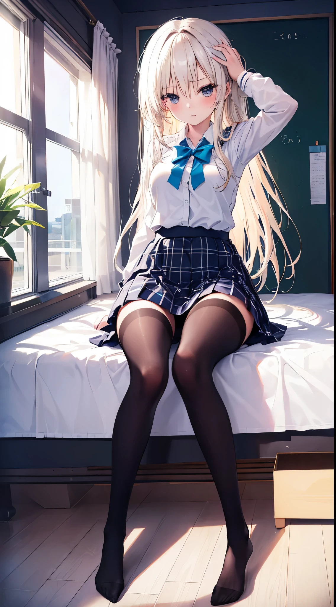 Finest, masterpiece, high definition, (full body), frontal, symmetrical, mature high school girl, solo, (full body from head to toe), small breasts, long hair, slightly messy hair, (black tights), ( (black pantyhose), black pantyhose, (composition where she is made to sit and lift her legs and make her legs open), (bound arms, arms behind back), composition showing white panties, slender beautiful legs, a very beautiful **************** (not wearing shoes) legs), blushing, shy big eyes, messy hair, looking at camera, showing white panties, white frilly lingerie, high school uniform blazer, high school uniform White blouse, high school uniform with blue ribbon, high school uniform with short plaid pattern and navy pleated skirt