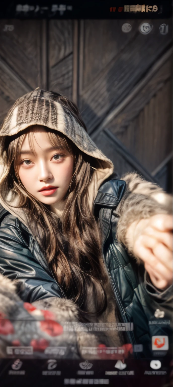 masterpiece、8K、32K、top-quality、(A detailed eye)、(A cute Japanese woman、bangss)、23years old、elegent、Christmas、Wearing a hood、Down jacket、Cheerful、heart