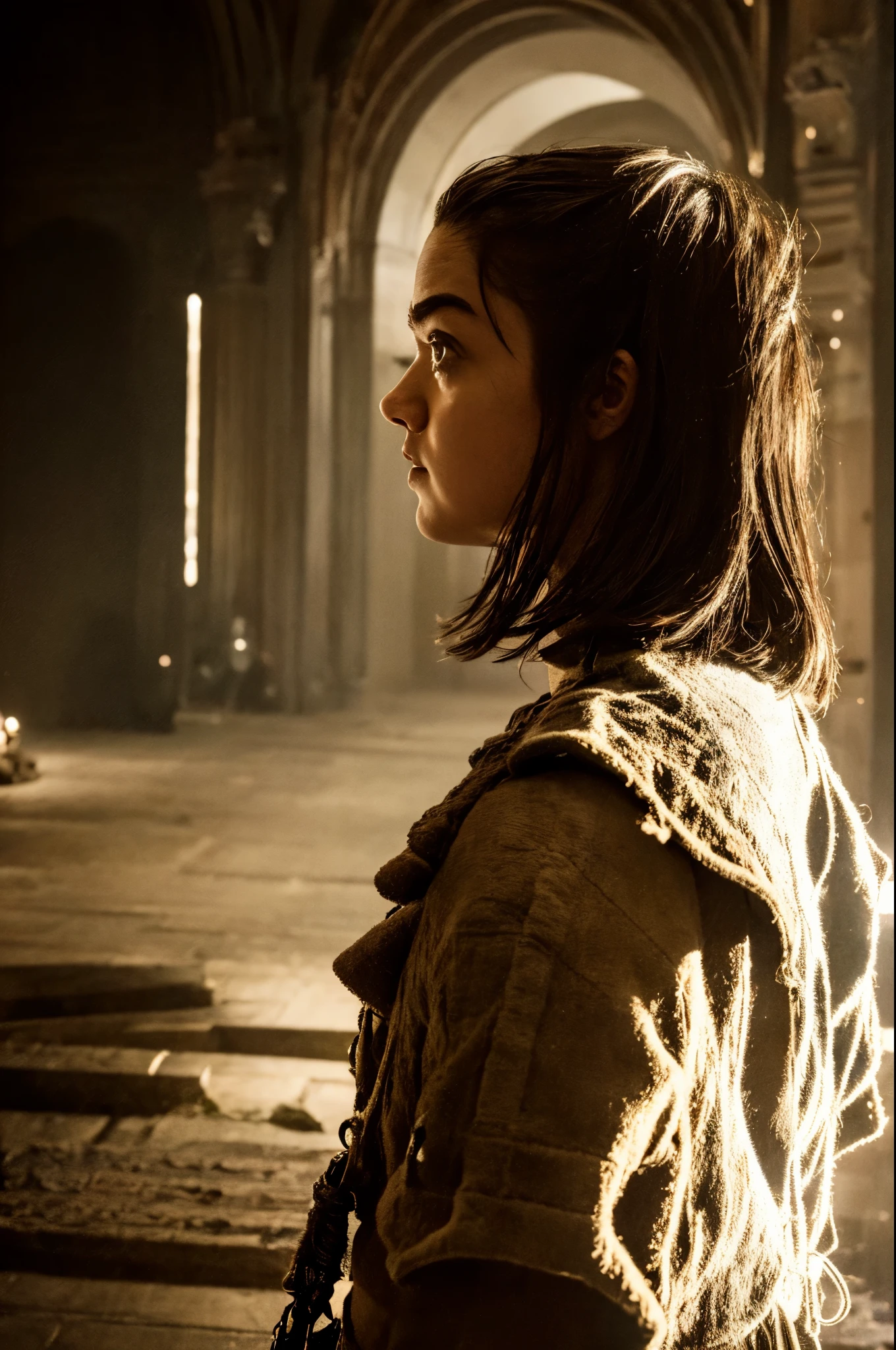 cinematic poster, Arte centrada, 1 girl, sozinho, ((sozinho)), (((only one character))),  ((Arya Stark in dynamic combat pose)), Rosto de Maisie Williams, rosto de Arya Stark, fantasia de arya stark, Roupas de Arya Stark, A Guerra dos Tronos, neve, inverno, winter is comming, Gothic colors, climate of tension and terror, Adobe Illustration, trending on ArtStation, 8k, disco Rigido , master part, arte linda, detalhes intrincados, cinematic lighthing .