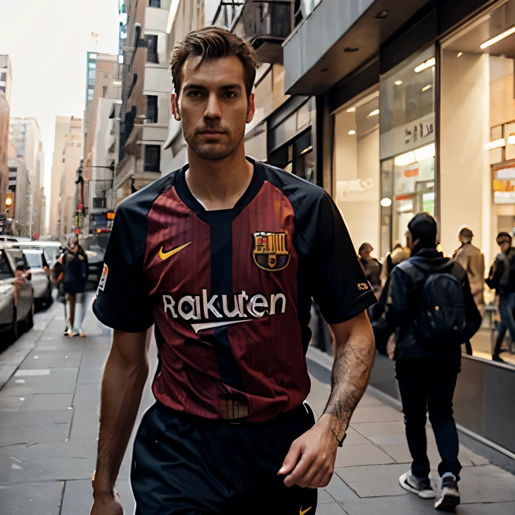 Tall man wearing a barcelona jersey while walking in new york