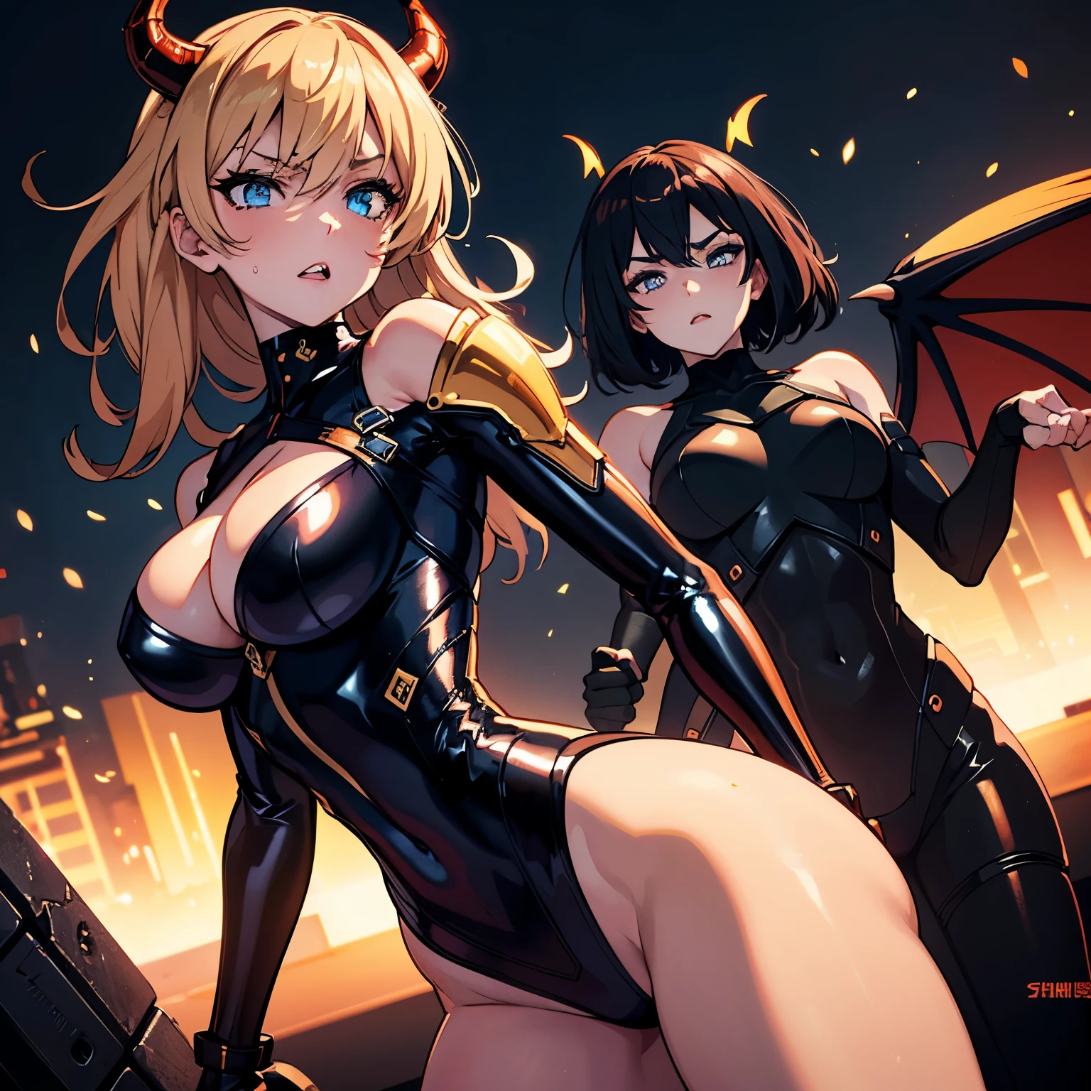 (2 Cyberpunk Demon waifus), (high resolution), (high res), 2 women, great quality, (2 mature women), (pair of women), very angry faces, long fangs, diamond faces, perfect eyes, (demon tail), (wings), strong shadows, (neon light), neon, detailed faces, sparks, gargolyes background, hell, night, (attacking), detailed abs, scars, shinying eyes, war pose, long claws, (masterpiece), direct light, underlight, strong jaw, golden sky, large boobs, (Demonic queens), (lewd armor), (skimpy) massive ass, thick thighs, long torso, wide waist, skinny torso, fit, perfect face, (skimpy armor), (colorful vibrant light), futuristic, sexy, (blushing), hot and bothered