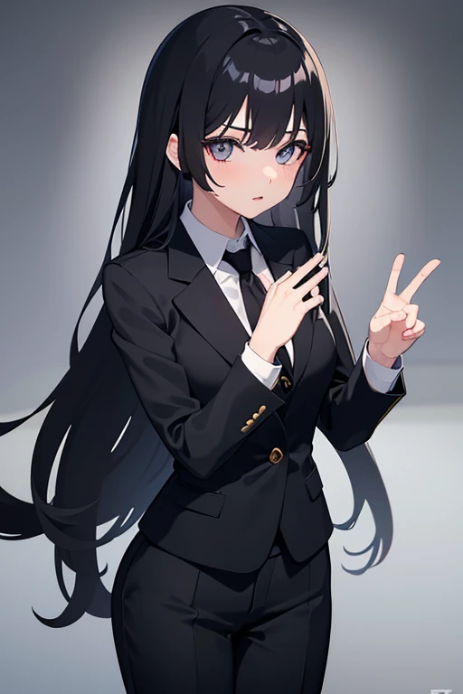 1girl, long black hair, grey eyes, wearing business suit, high res, ultrasharp, 8K, masterpiece, looking at viewer, absurdres, 5 fingers, black tie