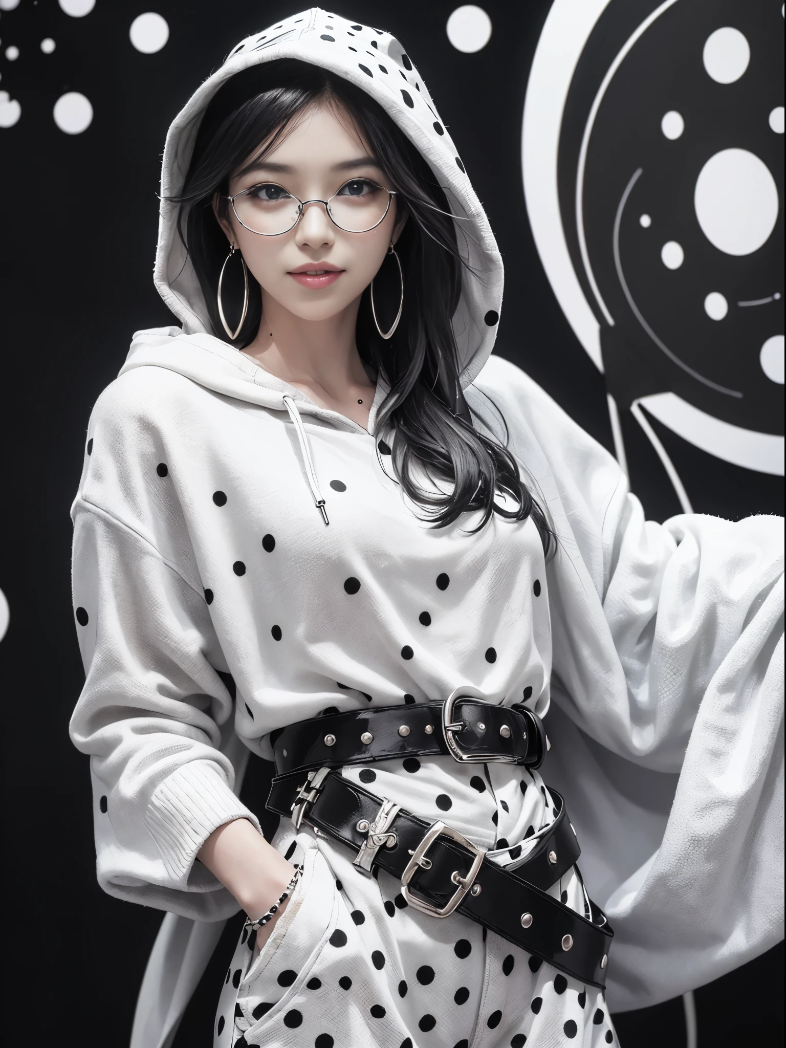 (Realistic:1.8), (Digital art:0.2), (Dot pattern art:1.7),(agpi official art, beautiful and aesthetic, ultra detailed, beautiful, masterpiece, best quality:1.6), (1girl:1.2), Detailed face, Detailed eyes, Detailed hair, young fingers, Detailed fingers, five fingers, BREAK cute ig model, Japanese cute model, 22 years old, Tightened all body, small head, small face, small mouth, diamond Face, small nose, Sharp Faceline, (dropy eyes, Double eyelid, Light color eyes, Glossy eyes, Shiny eyes:1.2), Shiny skin, shiny hair, (gray hair:1.2),
_
BREAK (happy, smile, Teeth, Glossy Lip:1.2),beautiful Teeth, (upper body:1.5), sitting, from front,
_
BREAK (BLACK and White theme:1.4), (background:1.4), (retro black and white polka dot pattern background:1.5),
(pose:1.3), (casual standing with hands in pockets:1.3), (camera focused on full body:1.2),
(view:1.2), (angled view to showcase baggy size and accessories:1.2),
BREAK
(black and white theme:1.3), (oversized polka dot-patterned hoodie:1.3), (loose-fitting for a comfortable look:1.2), (black oversized sunglasses:1.2), (chunky black bracelets:1.2),
BREAK
(baggy size:1.3), (relaxed fit, emphasizing comfort and style:1.2), (black hoop earrings:1.2), (wide black leather belt:1.2),