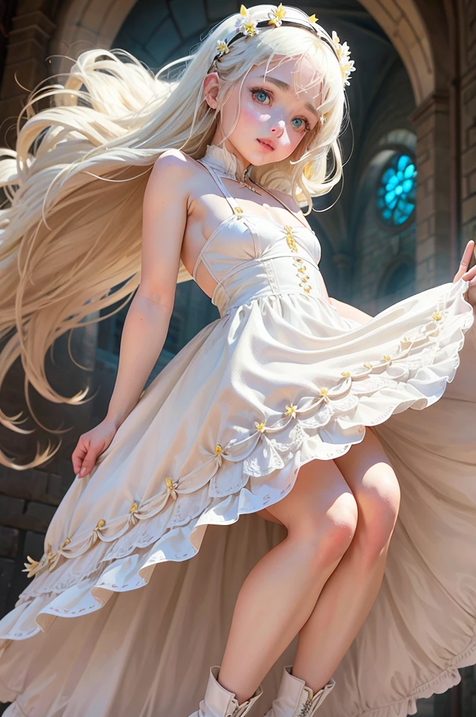 Emilia Clarke, pelo blanco, cabello largo y rizado. gargantilla. grandes senos. caderas gigantescas. . arco. vestido de novia de flores. Botas hasta el muslo, pechos enormes