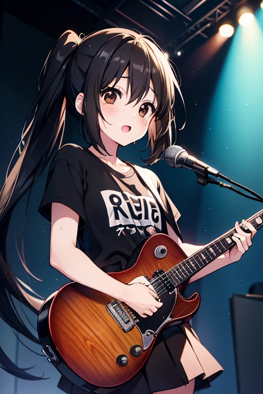 Azusa Nakano, nakano azusa, (Black hair:1.5), (Brown eyes:1.7), Long hair, twin tail chest:1.2), Black T-shirt,pleatedskirt, BREAK (masutepiece:1.2), Best Quality, High resolution, Unity 8k壁纸, (Illustration:0.8), (Beautiful detailed eyes:1.6), extra detailed face, Perfect Lighting, extremely details CG, (Perfect hands, Perfect Anatomy),Rock Band Concert, Musical instrument performance, Stage Performance, hot air,Happy atmosphere、guitar(mustang)is playing,Sweat on the forehead,汗で濡れたBlack T-shirt,singing with open mouth