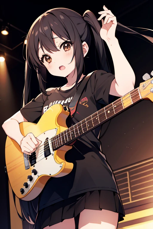 Azusa Nakano, nakano azusa, (Black hair:1.5), (Brown eyes:1.7), Long hair, twin tail chest:1.2), Black T-shirt,pleatedskirt, BREAK (masutepiece:1.2), Best Quality, High resolution, Unity 8k壁纸, (Illustration:0.8), (Beautiful detailed eyes:1.6), extra detailed face, Perfect Lighting, extremely details CG, (Perfect hands, Perfect Anatomy),Rock Band Concert, Musical instrument performance, Stage Performance, hot air,Happy atmosphere、guitar(mustang)is playing,Sweat on the forehead,汗で濡れたBlack T-shirt,singing with open mouth